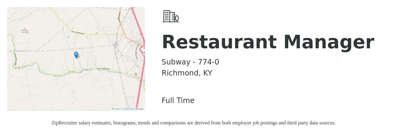 Subway - 774-0 job posting for a Restaurant Manager in Richmond, KY with a salary of $36,300 to $51,300 Yearly with a map of Richmond location.