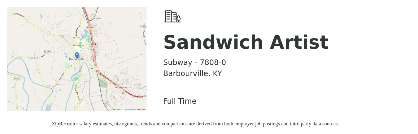 Subway - 7808-0 job posting for a Sandwich Artist in Barbourville, KY with a salary of $9 to $12 Hourly with a map of Barbourville location.