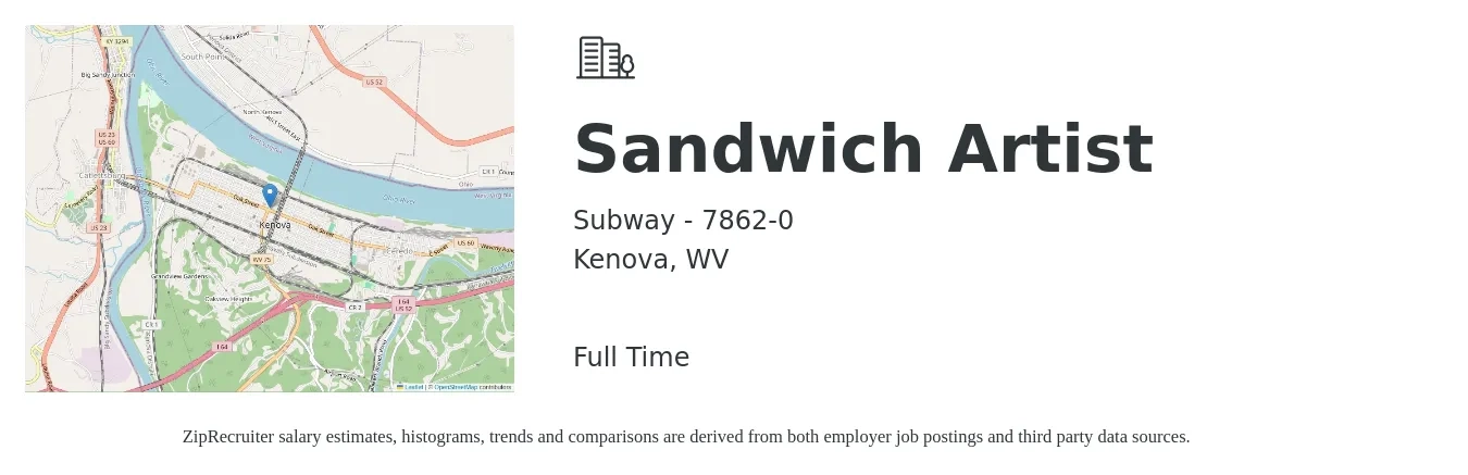 Subway - 7862-0 job posting for a Sandwich Artist in Kenova, WV with a salary of $9 to $12 Hourly with a map of Kenova location.