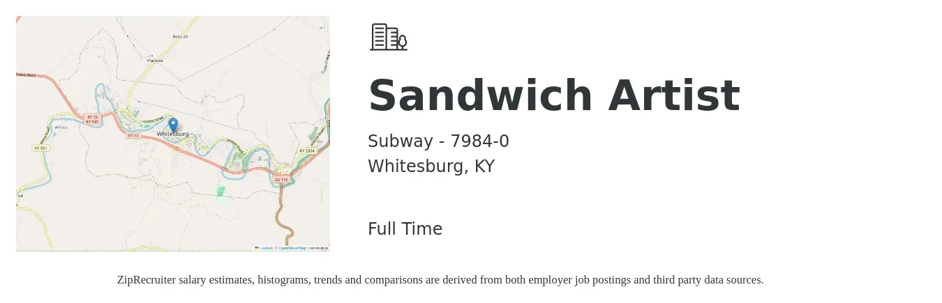 Subway - 7984-0 job posting for a Sandwich Artist in Whitesburg, KY with a salary of $10 to $13 Hourly with a map of Whitesburg location.