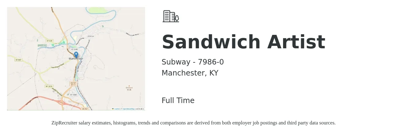 Subway - 7986-0 job posting for a Sandwich Artist in Manchester, KY with a salary of $8 to $9 Hourly with a map of Manchester location.