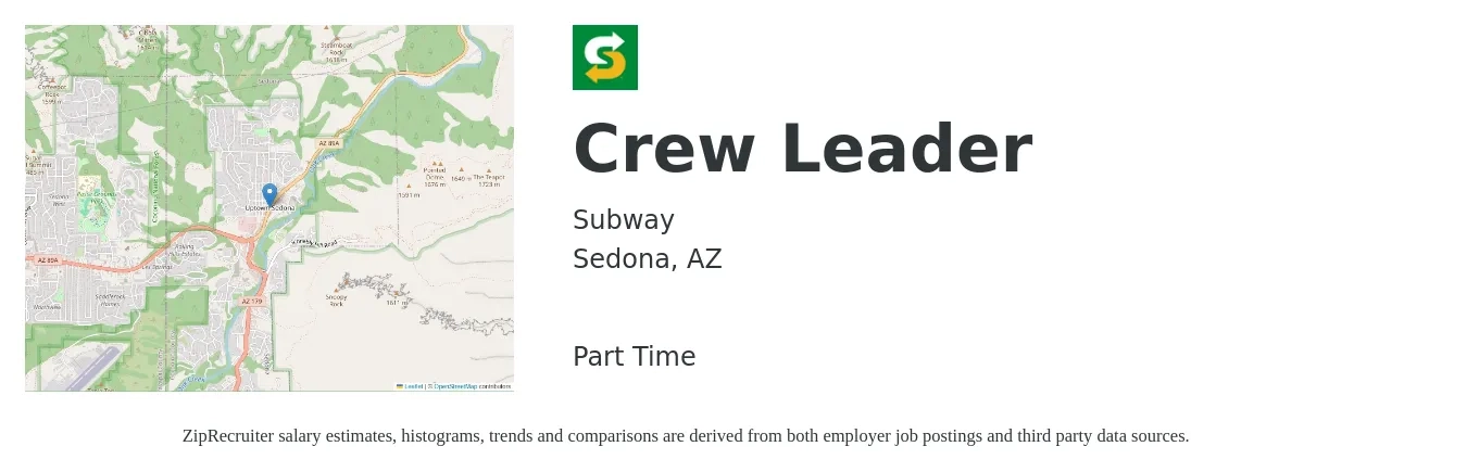 Subway job posting for a Crew Leader in Sedona, AZ with a salary of $17 to $25 Hourly with a map of Sedona location.
