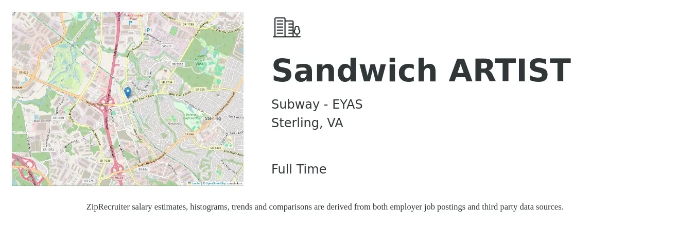 Subway - EYAS job posting for a Sandwich ARTIST in Sterling, VA with a salary of $11 to $14 Hourly with a map of Sterling location.