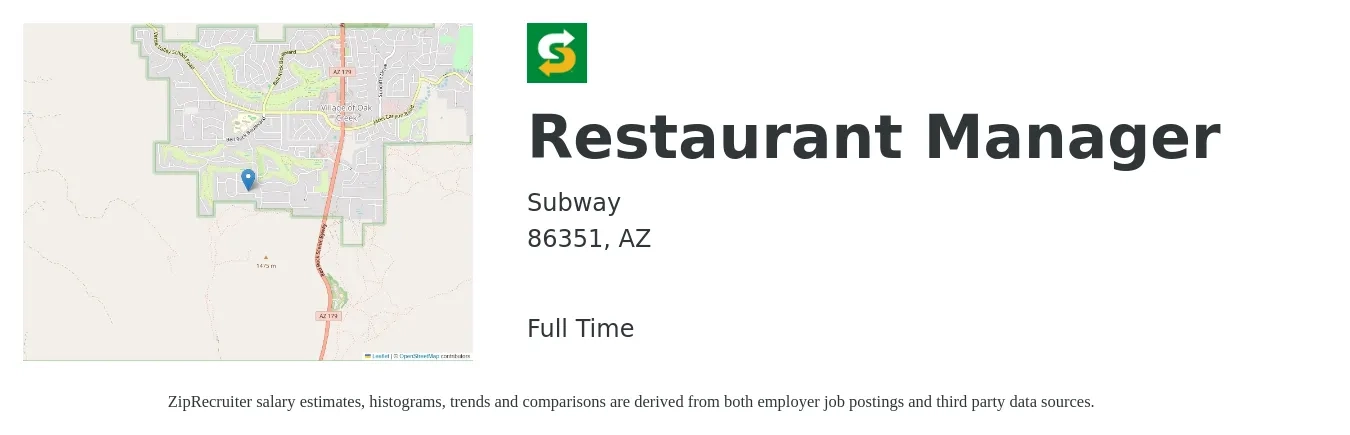 Subway job posting for a Restaurant Manager in 86351, AZ with a salary of $43,500 to $61,400 Yearly with a map of 86351 location.