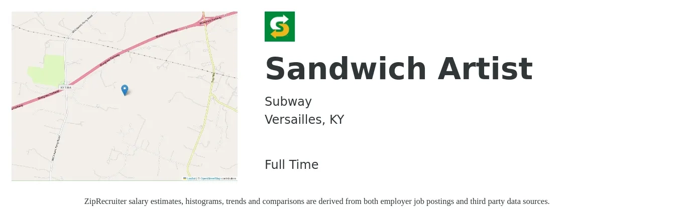 Subway job posting for a Sandwich Artist in Versailles, KY with a salary of $10 to $12 Hourly with a map of Versailles location.