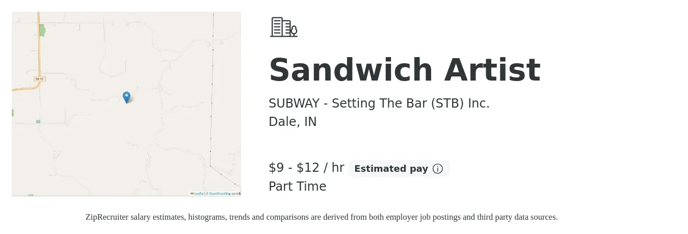 SUBWAY - Setting The Bar (STB) Inc. job posting for a Sandwich Artist in Dale, IN with a salary of $10 to $13 Hourly with a map of Dale location.