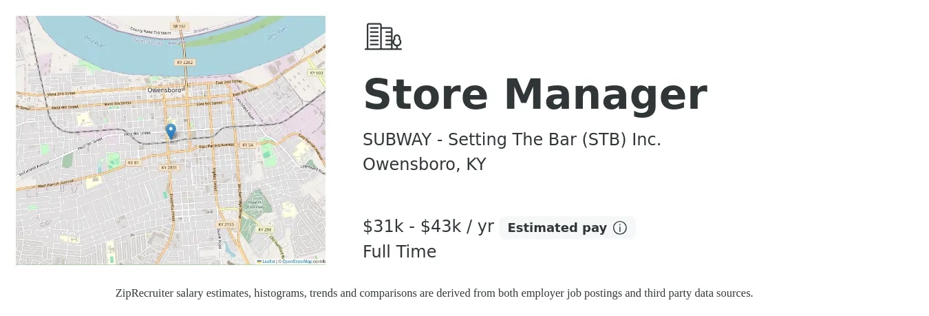 SUBWAY - Setting The Bar (STB) Inc. job posting for a Store Manager in Owensboro, KY with a salary of $31,000 to $43,000 Yearly with a map of Owensboro location.