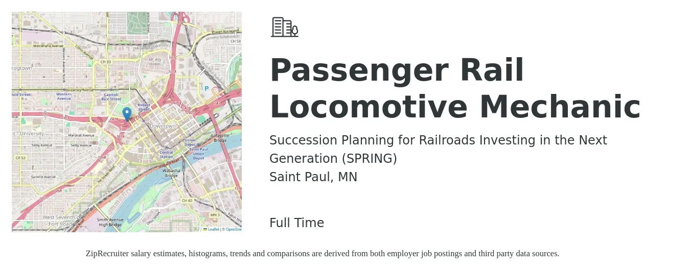 Succession Planning for Railroads Investing in the Next Generation (SPRING) job posting for a Passenger Rail Locomotive Mechanic in Saint Paul, MN with a salary of $27 to $34 Hourly with a map of Saint Paul location.