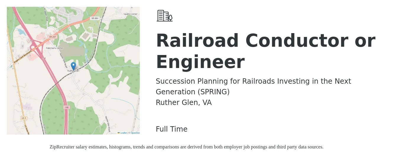 Succession Planning for Railroads Investing in the Next Generation (SPRING) job posting for a Railroad Conductor or Engineer in Ruther Glen, VA with a salary of $22 to $28 Hourly with a map of Ruther Glen location.