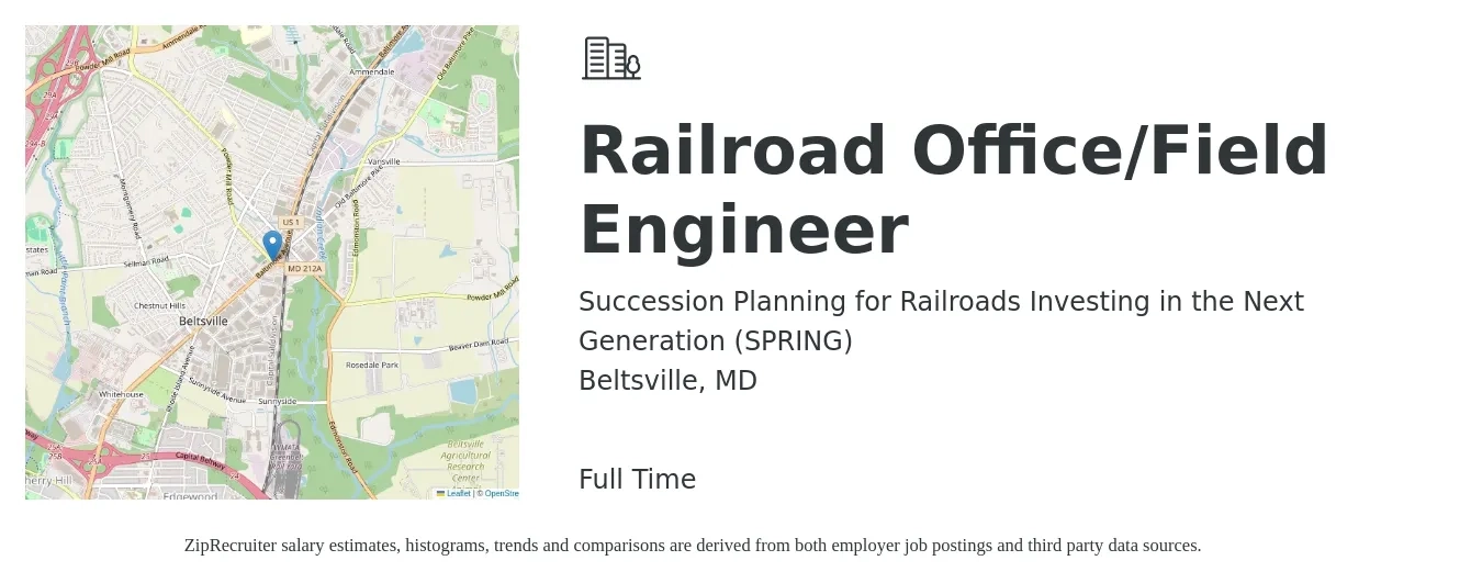 Succession Planning for Railroads Investing in the Next Generation (SPRING) job posting for a Railroad Office/Field Engineer in Beltsville, MD with a salary of $25 to $43 Hourly with a map of Beltsville location.