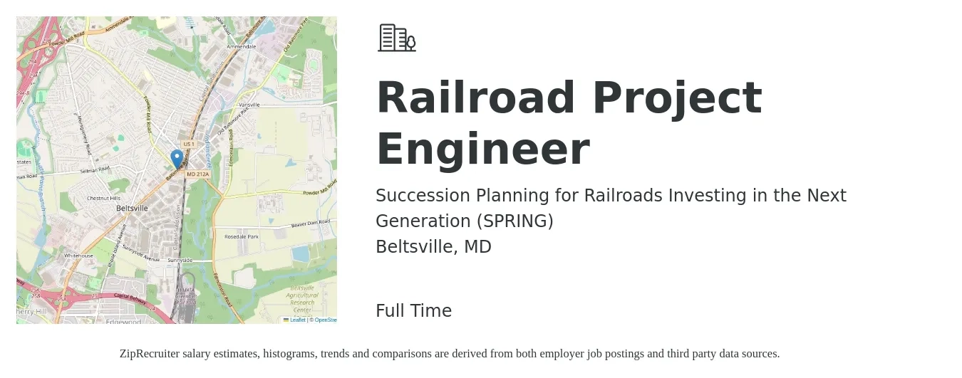 Succession Planning for Railroads Investing in the Next Generation (SPRING) job posting for a Railroad Project Engineer in Beltsville, MD with a salary of $70,000 to $89,700 Yearly with a map of Beltsville location.