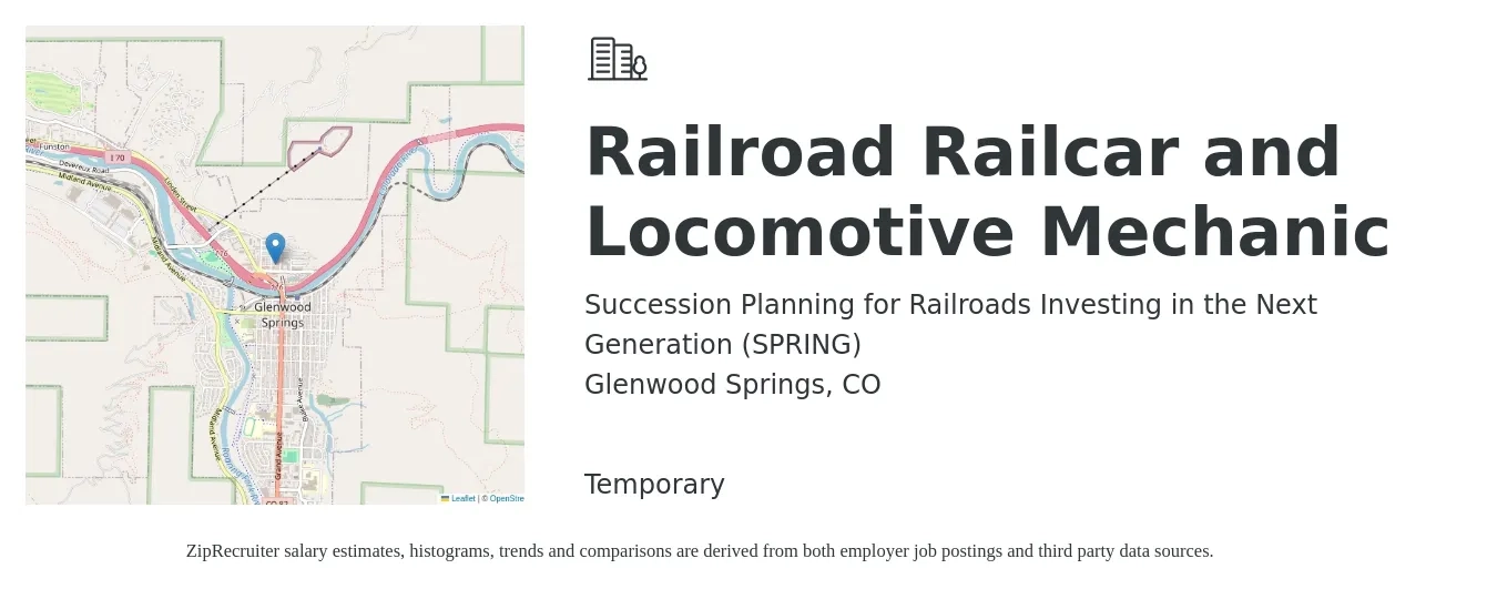 Succession Planning for Railroads Investing in the Next Generation (SPRING) job posting for a Railroad Railcar and Locomotive Mechanic in Glenwood Springs, CO with a salary of $36 Hourly with a map of Glenwood Springs location.