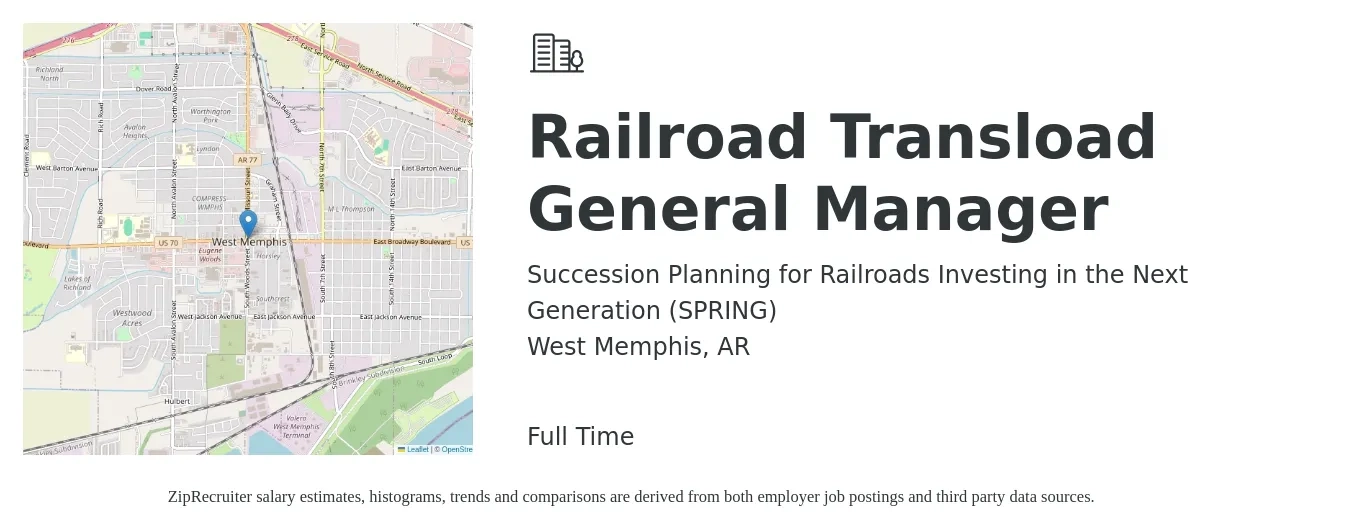 Succession Planning for Railroads Investing in the Next Generation (SPRING) job posting for a Railroad Transload General Manager in West Memphis, AR with a salary of $45,600 to $68,200 Yearly with a map of West Memphis location.