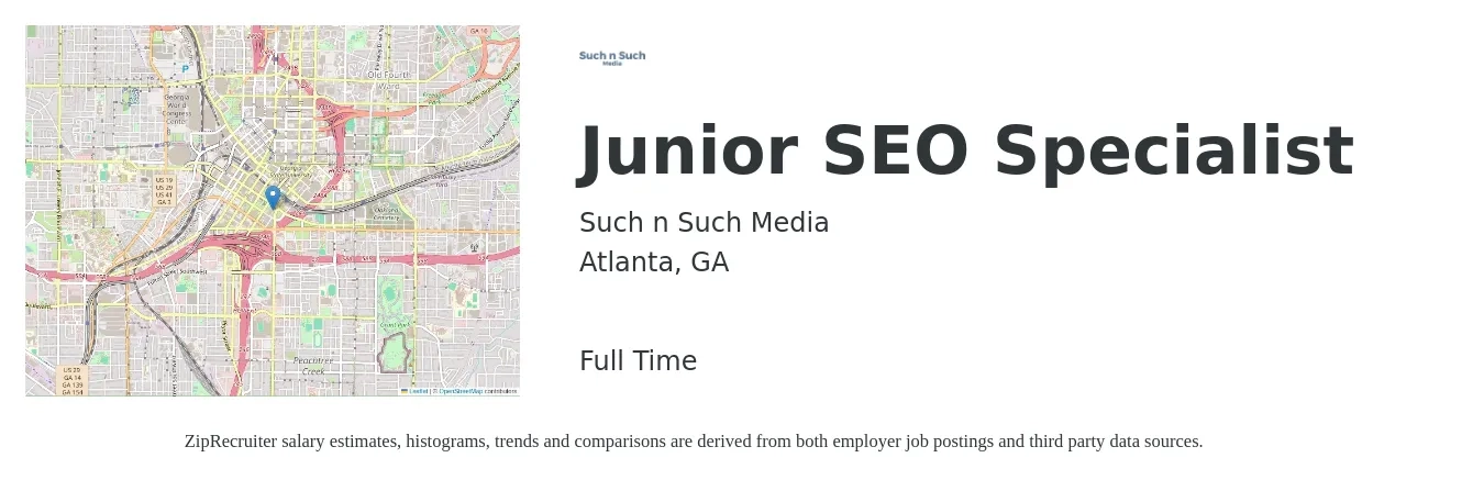 Such n Such Media job posting for a Junior Seo Specialist in Atlanta, GA with a salary of $35,000 to $50,000 Yearly with a map of Atlanta location.