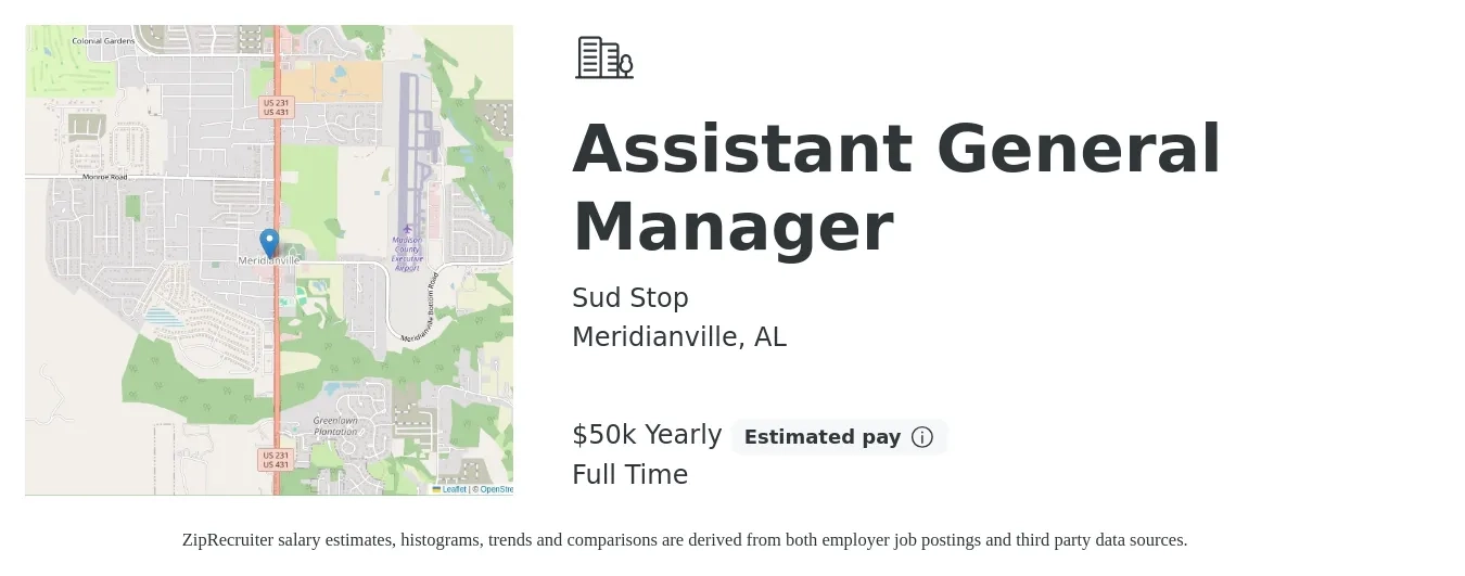 Sud Stop job posting for a Assistant General Manager in Meridianville, AL with a salary of $50,000 Yearly with a map of Meridianville location.