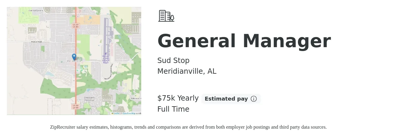 Sud Stop job posting for a General Manager in Meridianville, AL with a salary of $75,000 Yearly with a map of Meridianville location.