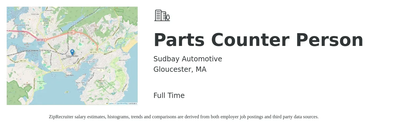 Sudbay Automotive job posting for a Parts Counter Person in Gloucester, MA with a salary of $20 to $27 Hourly with a map of Gloucester location.