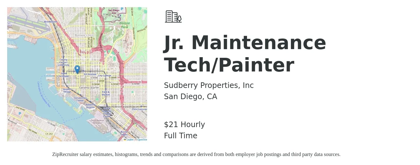 Sudberry Properties, Inc job posting for a Jr. Maintenance Tech/Painter in San Diego, CA with a salary of $22 to $23 Hourly with a map of San Diego location.