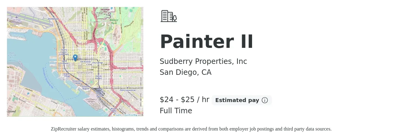 Sudberry Properties, Inc job posting for a Painter II in San Diego, CA with a salary of $25 to $27 Hourly with a map of San Diego location.