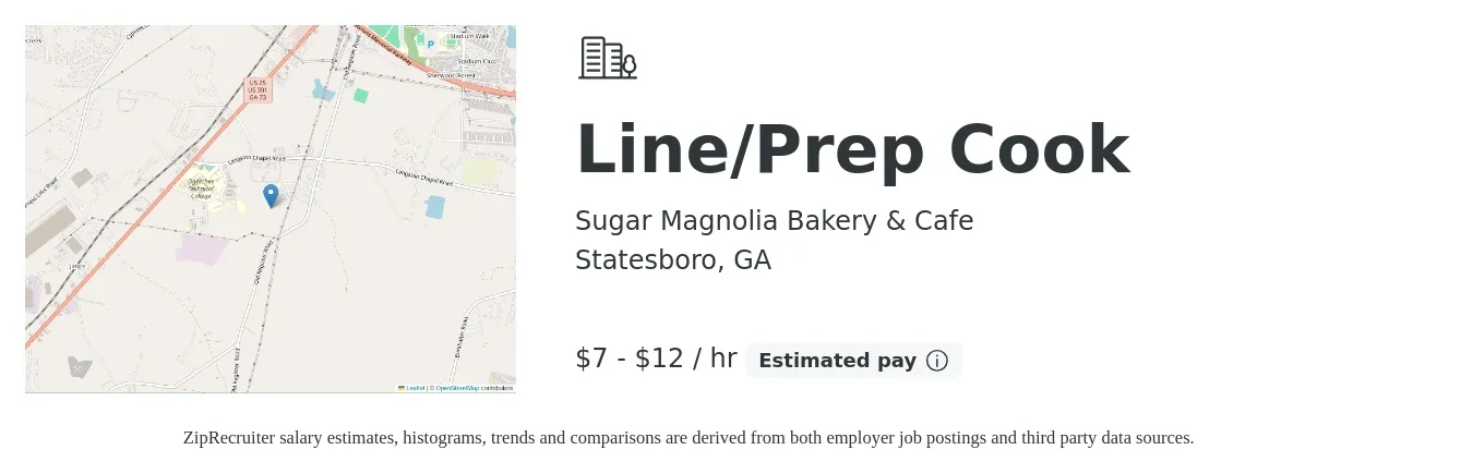 Sugar Magnolia Bakery & Cafe job posting for a Line/Prep Cook in Statesboro, GA with a salary of $8 to $13 Hourly with a map of Statesboro location.