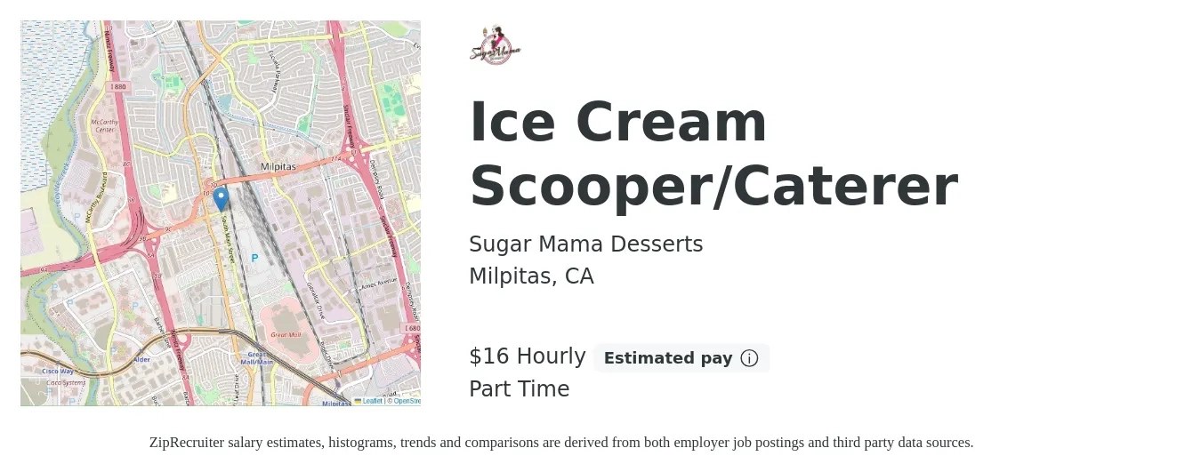 Sugar Mama Desserts job posting for a Ice Cream Scooper/Caterer in Milpitas, CA with a salary of $17 Hourly with a map of Milpitas location.