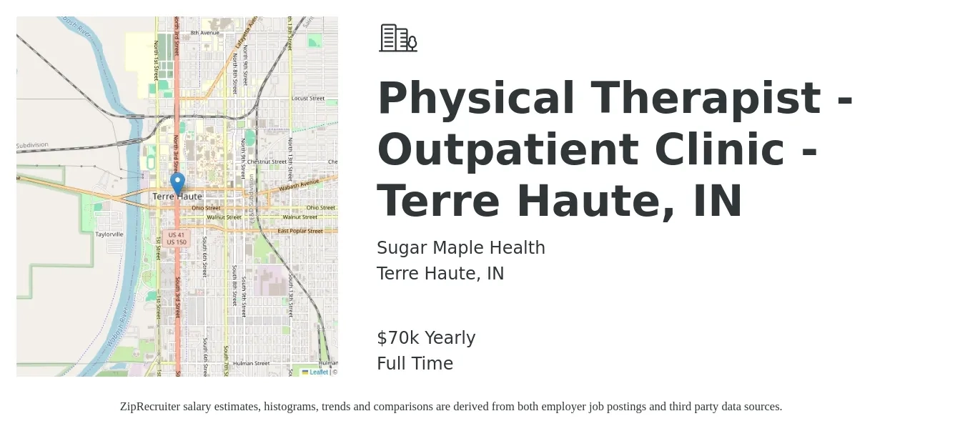 Sugar Maple Health job posting for a Physical Therapist - Outpatient Clinic - Terre Haute, IN in Terre Haute, IN with a salary of $70,000 Yearly with a map of Terre Haute location.