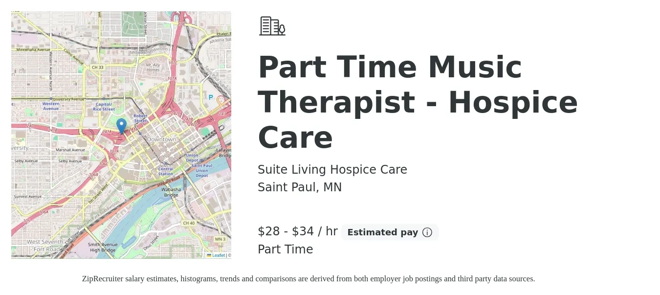 Suite Living Hospice Care job posting for a Part Time Music Therapist - Hospice Care in Saint Paul, MN with a salary of $30 to $36 Hourly with a map of Saint Paul location.