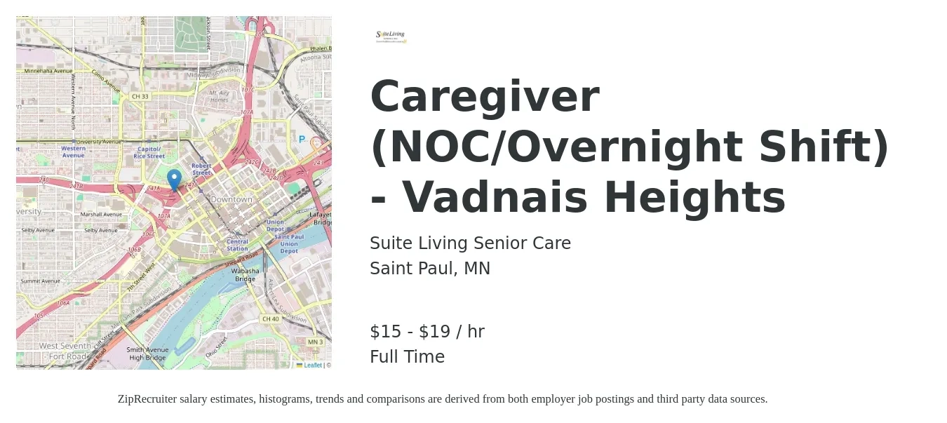 Suite Living Senior Care job posting for a Caregiver (NOC/Overnight Shift) - Vadnais Heights in Saint Paul, MN with a salary of $18 to $20 Hourly with a map of Saint Paul location.