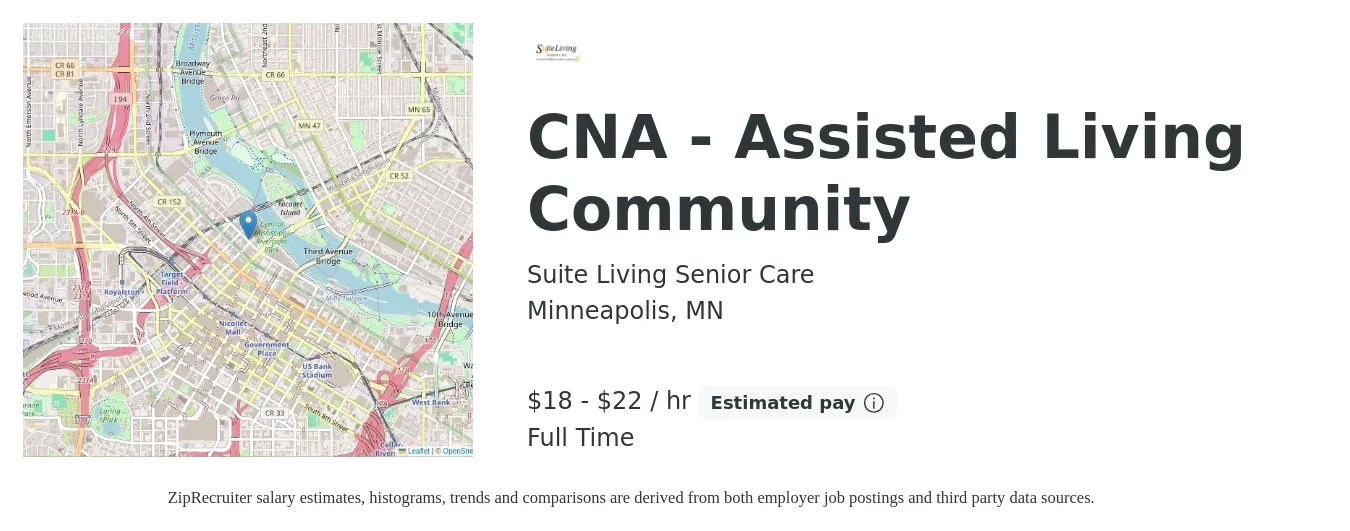 Suite Living Senior Care job posting for a CNA - Assisted Living Community in Minneapolis, MN with a salary of $19 to $23 Hourly with a map of Minneapolis location.