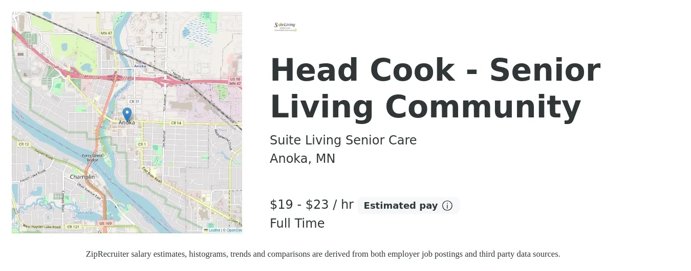 Suite Living Senior Care job posting for a Head Cook - Senior Living Community in Anoka, MN with a salary of $20 to $24 Hourly with a map of Anoka location.