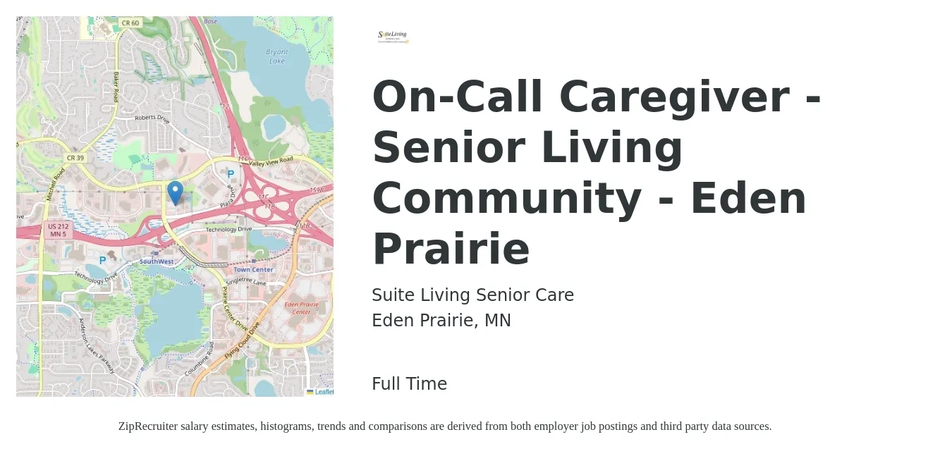 Suite Living Senior Care job posting for a On-Call Caregiver - Senior Living Community - Eden Prairie in Eden Prairie, MN with a salary of $18 to $20 Hourly with a map of Eden Prairie location.