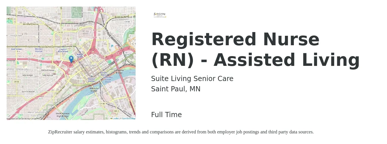 Suite Living Senior Care job posting for a Registered Nurse (RN) - Assisted Living in Saint Paul, MN with a salary of $85,000 Yearly with a map of Saint Paul location.