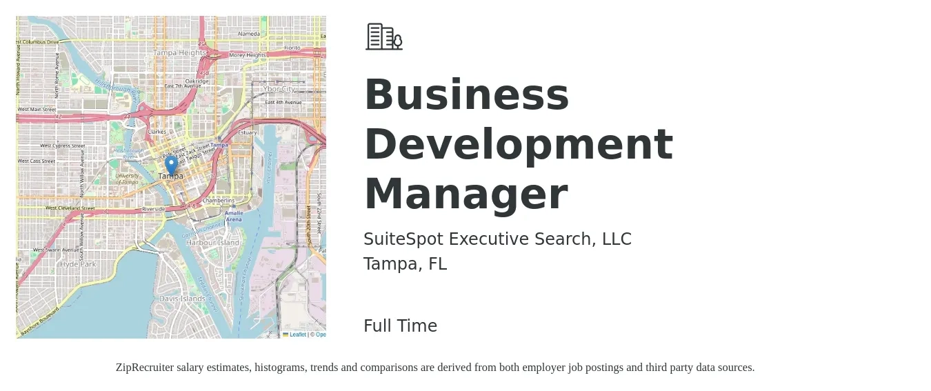 SuiteSpot Executive Search, LLC job posting for a Business Development Manager in Tampa, FL with a salary of $57,600 to $94,500 Yearly with a map of Tampa location.