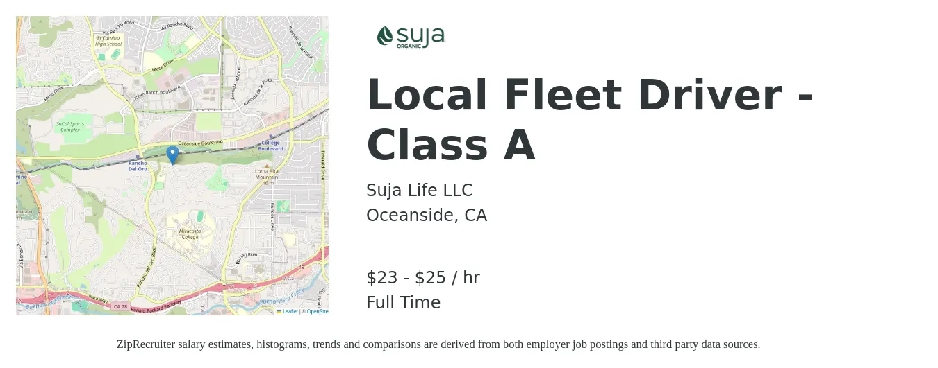 Suja Life LLC job posting for a Local Fleet Driver - Class A in Oceanside, CA with a salary of $24 to $26 Hourly with a map of Oceanside location.