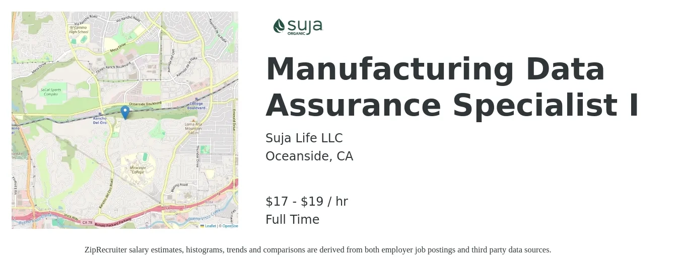 Suja Life LLC job posting for a Manufacturing Data Assurance Specialist I in Oceanside, CA with a salary of $18 to $20 Hourly with a map of Oceanside location.