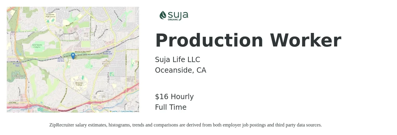 Suja Life LLC job posting for a Production Worker in Oceanside, CA with a salary of $17 Hourly with a map of Oceanside location.