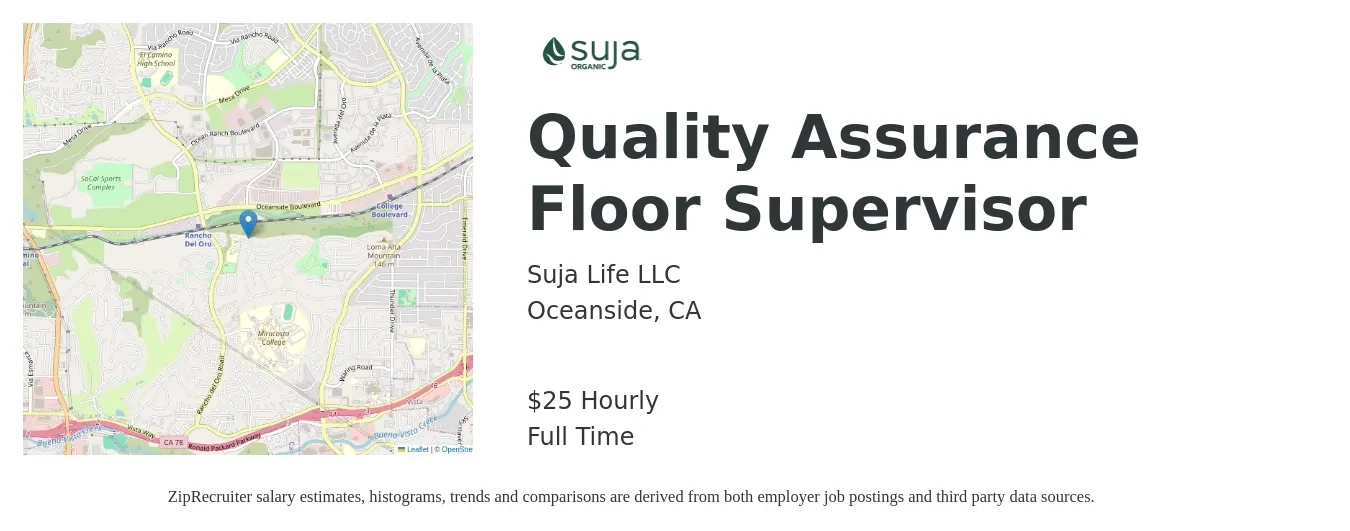Suja Life LLC job posting for a Quality Assurance Floor Supervisor in Oceanside, CA with a salary of $26 Hourly with a map of Oceanside location.