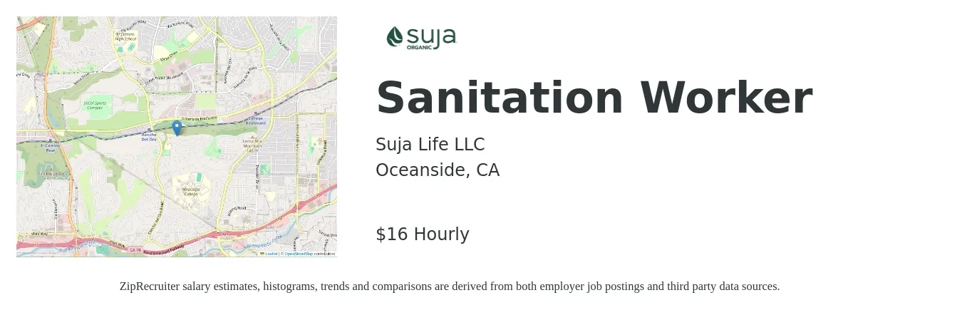 Suja Life LLC job posting for a Sanitation Worker in Oceanside, CA with a salary of $17 to $18 Hourly with a map of Oceanside location.