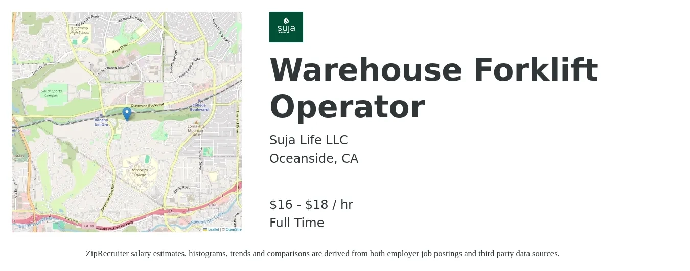 Suja Life LLC job posting for a Warehouse Forklift Operator in Oceanside, CA with a salary of $17 to $19 Hourly with a map of Oceanside location.