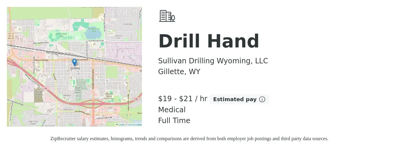 Sullivan Drilling Wyoming, LLC job posting for a Drill Hand in Gillette, WY with a salary of $20 to $22 Hourly and benefits including medical, and pto with a map of Gillette location.