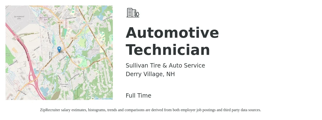 Sullivan Tire & Auto Service job posting for a Automotive Technician in Derry Village, NH with a salary of $22 to $35 Hourly with a map of Derry Village location.