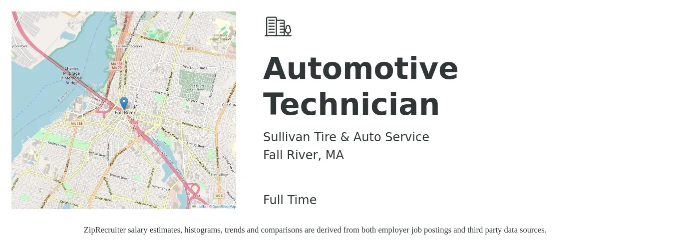 Sullivan Tire & Auto Service job posting for a Automotive Technician in Fall River, MA with a salary of $22 to $35 Hourly with a map of Fall River location.