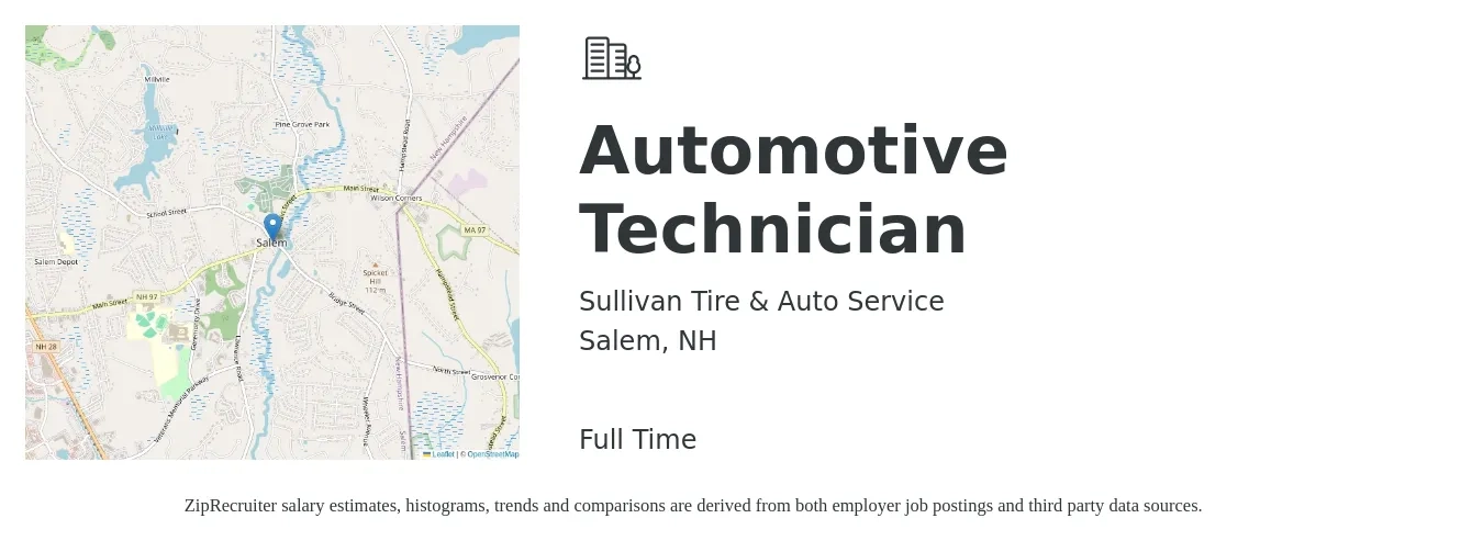 Sullivan Tire & Auto Service job posting for a Automotive Technician in Salem, NH with a salary of $22 to $35 Hourly with a map of Salem location.