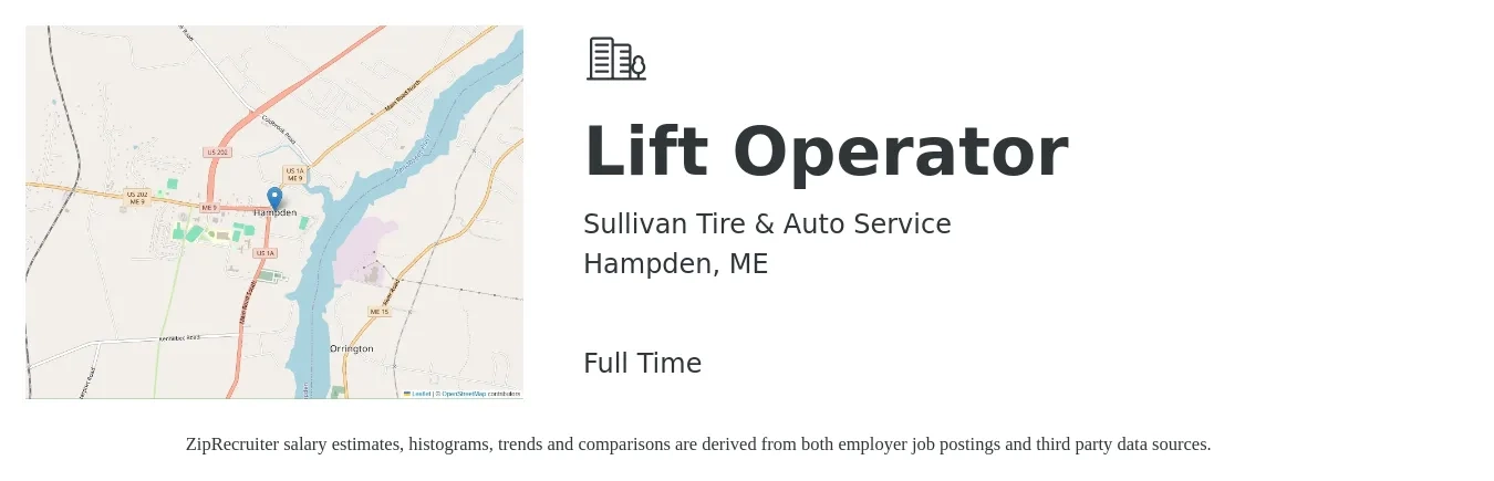 Sullivan Tire & Auto Service job posting for a Lift Operator in Hampden, ME with a salary of $19 to $22 Hourly with a map of Hampden location.