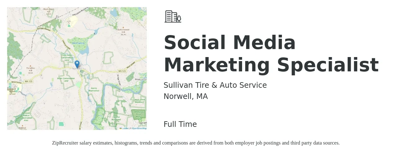 Sullivan Tire & Auto Service job posting for a Social Media Marketing Specialist in Norwell, MA with a salary of $44,300 to $65,400 Yearly with a map of Norwell location.