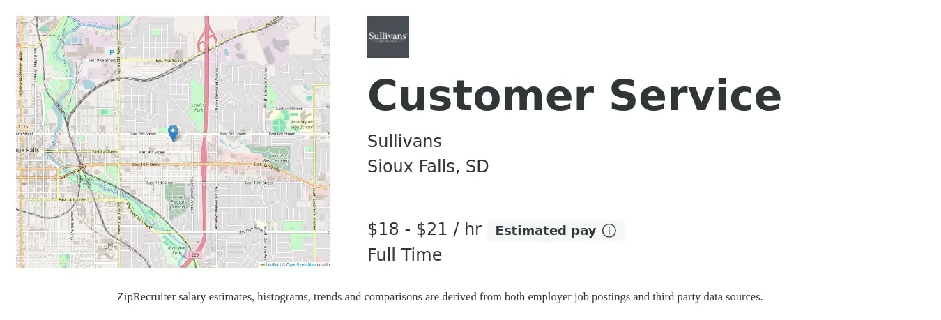 Sullivans job posting for a Customer Service in Sioux Falls, SD with a salary of $19 to $22 Hourly with a map of Sioux Falls location.