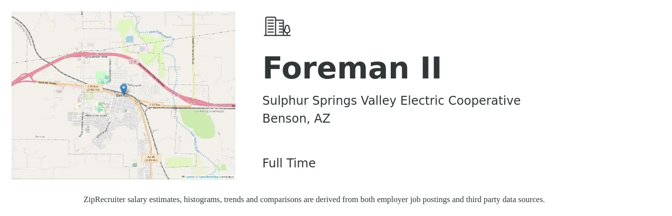 Sulphur Springs Valley Electric Cooperative job posting for a Foreman II in Benson, AZ with a salary of $30 to $45 Hourly with a map of Benson location.
