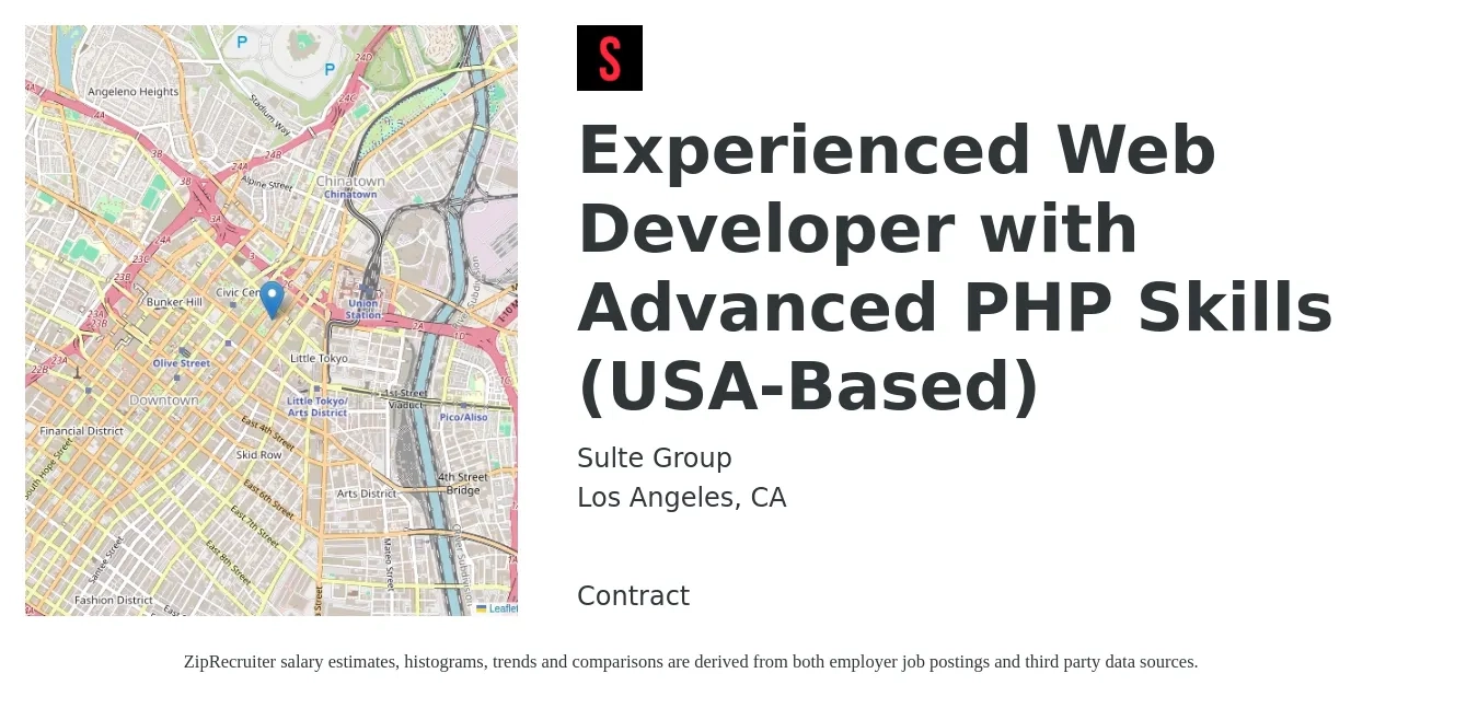 Sulte Group job posting for a Experienced Web Developer with Advanced PHP Skills (USA-Based) in Los Angeles, CA with a salary of $77,600 to $106,700 Yearly with a map of Los Angeles location.