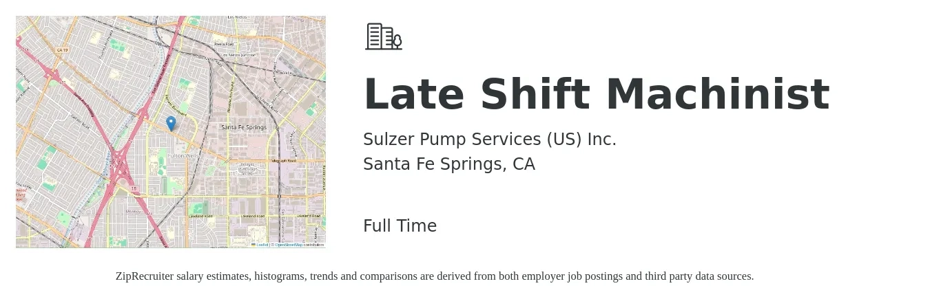 Sulzer Pump Services (US) Inc. job posting for a Late Shift Machinist in Santa Fe Springs, CA with a salary of $20 to $27 Hourly with a map of Santa Fe Springs location.