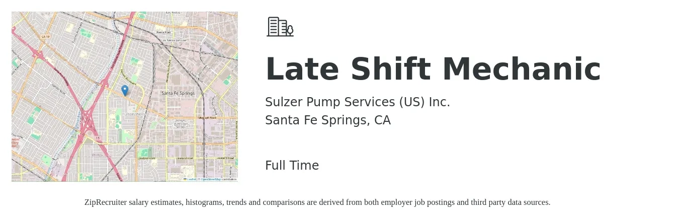 Sulzer Pump Services (US) Inc. job posting for a Late Shift Mechanic in Santa Fe Springs, CA with a salary of $23 to $30 Hourly with a map of Santa Fe Springs location.